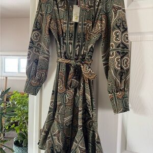 Alex Marie Olive and Brown Paisley Long-Sleeve Wrap Dress